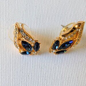 Vintage Sapphire Blue Wing Earrings - Gold Tone & Rhinestone